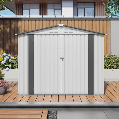 8X6 FT Metal Outdoor Storage Shed, Tool Shed with Pitched Roof Waterproof with Side Window and Lockable Door, Metal Tool Shed for Garden Tool Storage, Everyday Sundries and Bike Storage, White + Gray