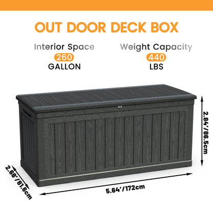 260 Gallon Large Outdoor Storage XXL Deck Box for Patio Furniture, Outdoor Cushions, Garden Tools and Sports/Pools Equipment, Waterproof Resin, Lockable, Black