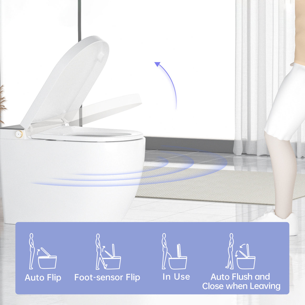 Modern integrated Smart toilet, Auto Open/Close lid, temperature heating seat, instant warm water cleaning, can automatically flush, remote control flush, foot sensing flush