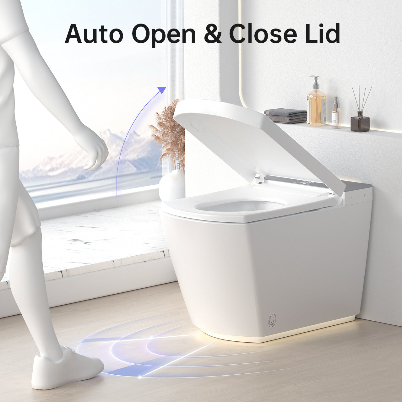 Modern integrated Smart toilet, Auto Open/Close lid, temperature heating seat, instant warm water cleaning, can automatically flush, remote control flush, foot sensing flush