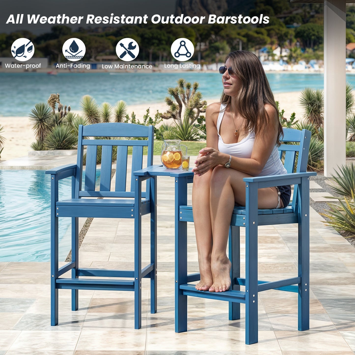 Tall  Chairs Set of 2, Bar Stools with Connecting Tray, Bar Height  Chair Patio Barstool, Ideal All Weather Tall Patio Chair for Balcony, Poolside, Backyard
