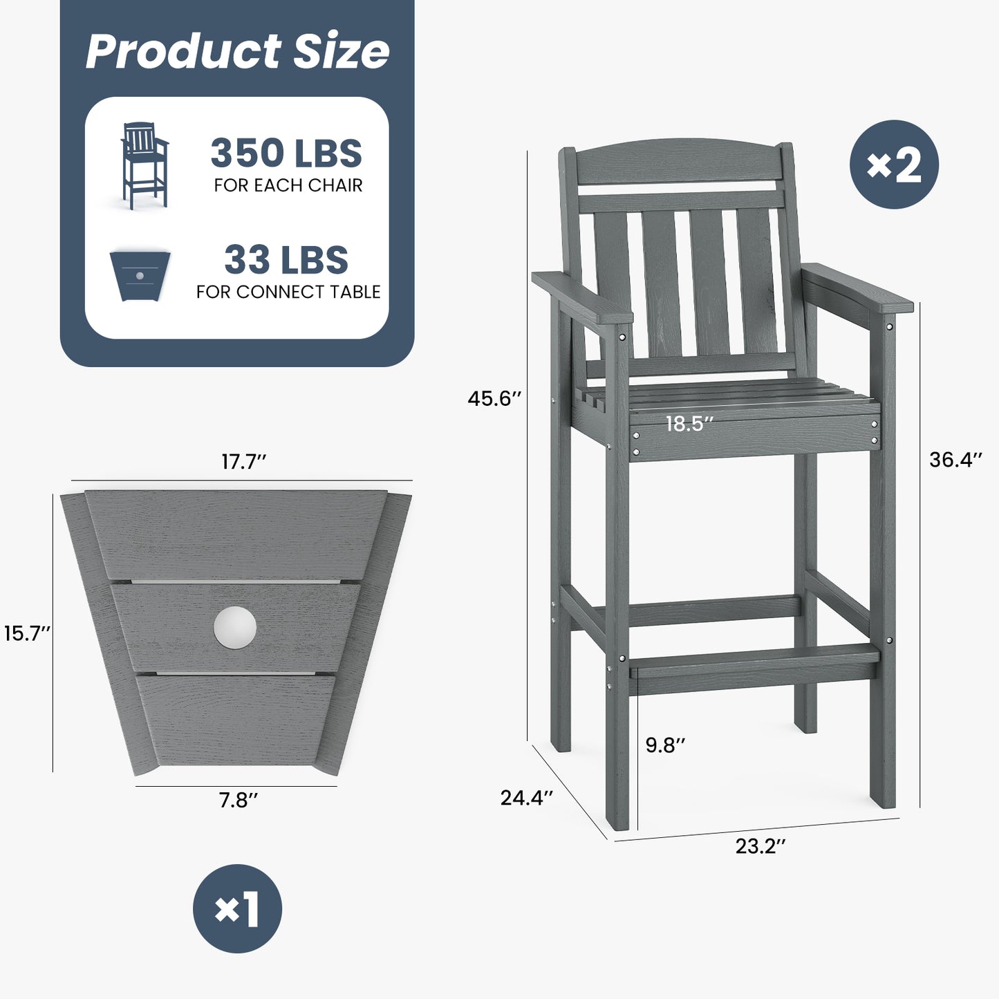 Tall&nbsp; Chairs Set of 2, HDPE Bar Stools with Connecting Tray, Bar Height&nbsp; Chair Patio Barstool, Ideal All Weather Tall Patio Chair for Balcony, Poolside, Backyard&nbsp;