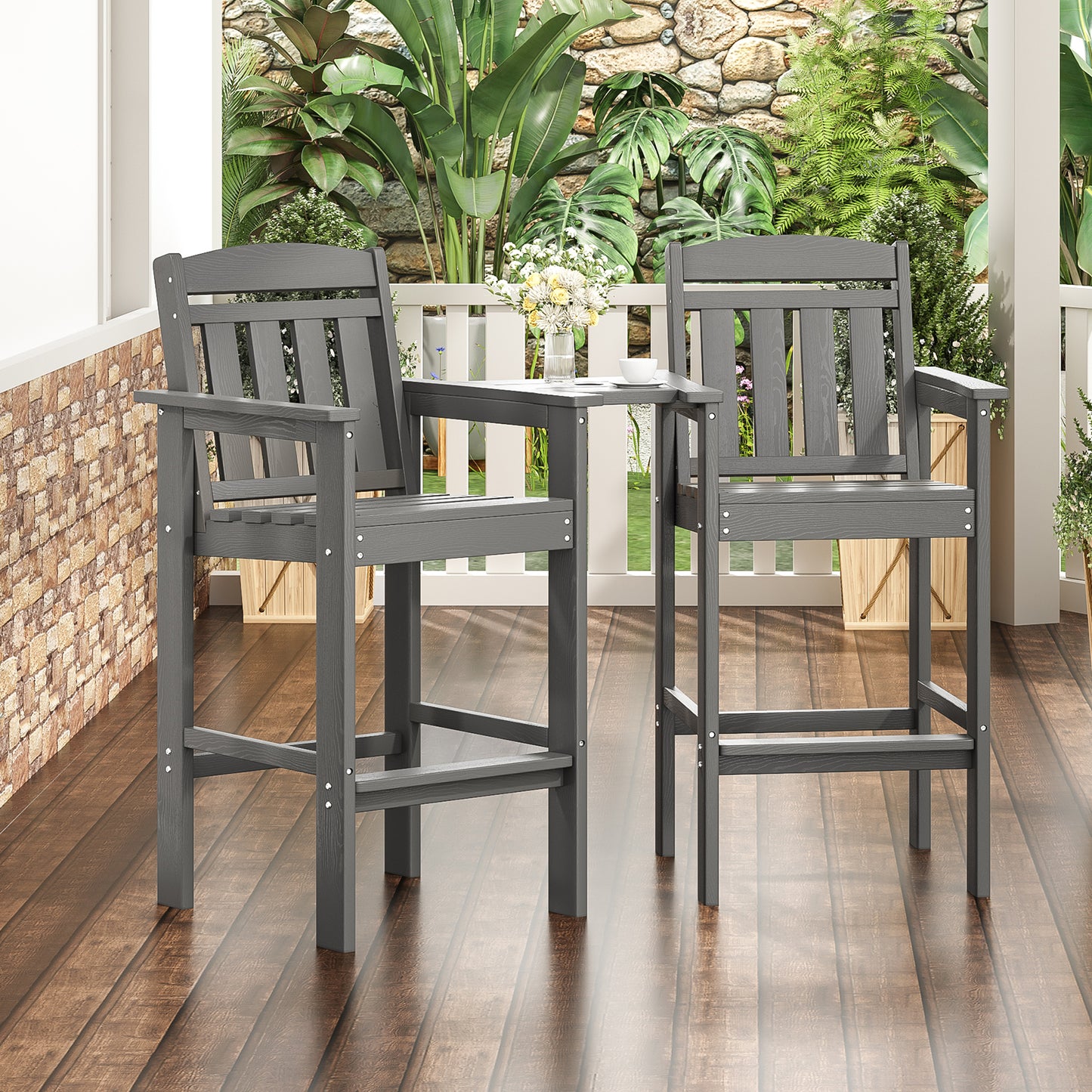 Tall&nbsp; Chairs Set of 2, HDPE Bar Stools with Connecting Tray, Bar Height&nbsp; Chair Patio Barstool, Ideal All Weather Tall Patio Chair for Balcony, Poolside, Backyard&nbsp;