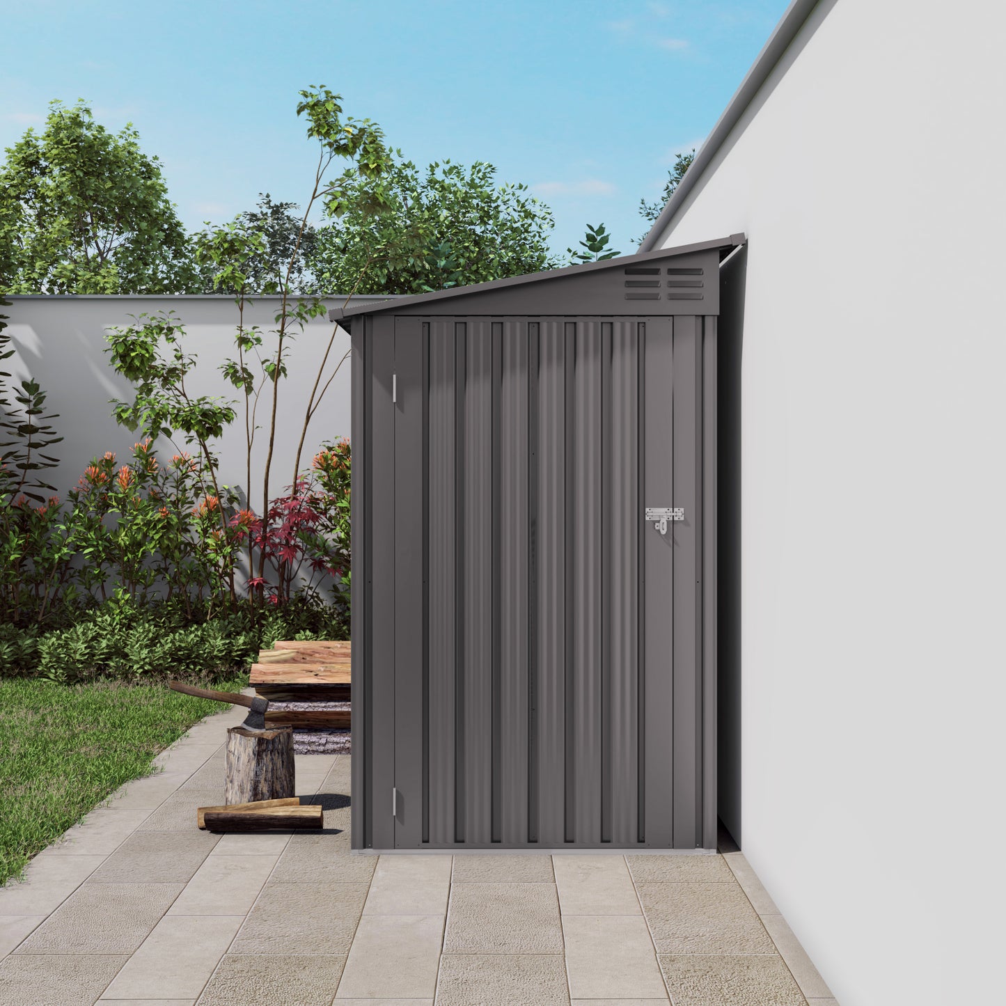 4x9 FT Lean to Shed with Windows, Metal Garden Shed Tool House with Sloping Roof with 2 Vents and 1 Side Open Door, Outdoor Storage Shed Waterproof for Backyard, Garden, Patio, Gray