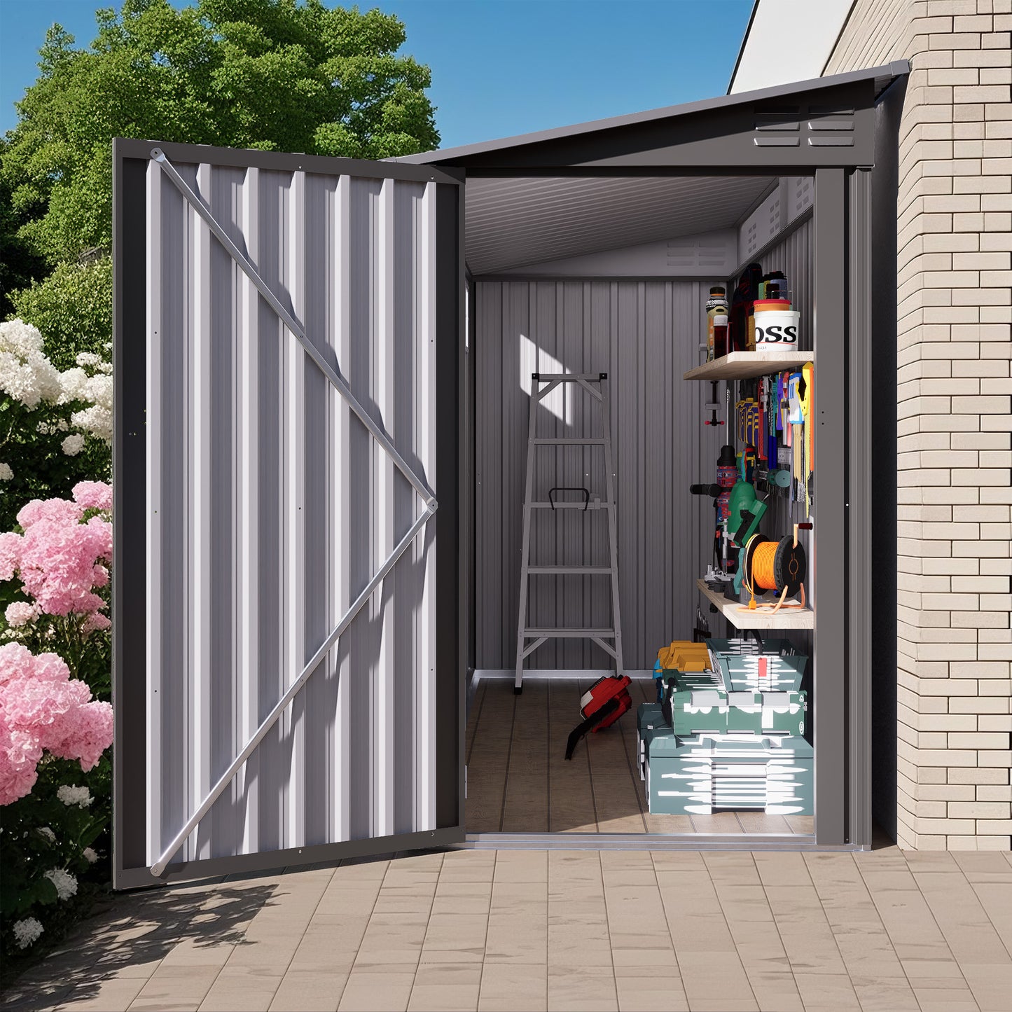 4x9 FT Lean to Shed with Windows, Metal Garden Shed Tool House with Sloping Roof with 2 Vents and 1 Side Open Door, Outdoor Storage Shed Waterproof for Backyard, Garden, Patio, Gray