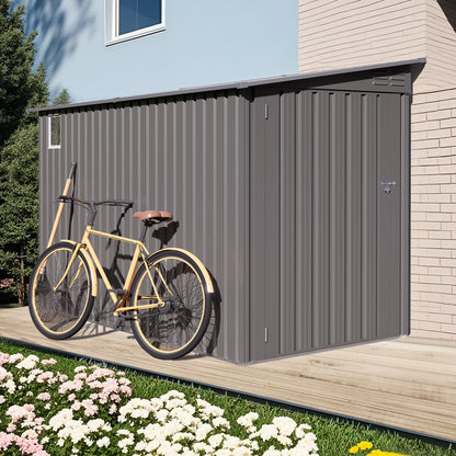 4x9 FT Lean to Shed with Windows, Metal Garden Shed Tool House with Sloping Roof with 2 Vents and 1 Side Open Door, Outdoor Storage Shed Waterproof for Backyard, Garden, Patio, Gray