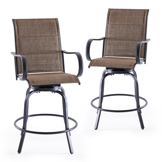 Swivel Patio Bar Stools Set of 2, Outdoor Bar Stools with Paded Textilene Fabric, All Weather Outdoor Bar Height Chairs, Ergonomic Comfort Tall Swivel Patio Chair for Balcony, Poolside