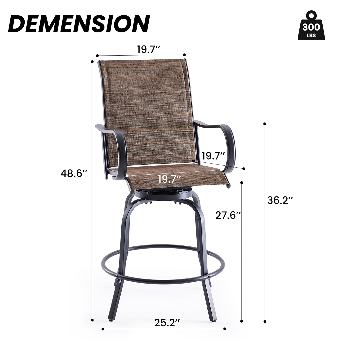 Swivel Patio Bar Stools Set of 2, Outdoor Bar Stools with Paded Textilene Fabric, All Weather Outdoor Bar Height Chairs, Ergonomic Comfort Tall Swivel Patio Chair for Balcony, Poolside