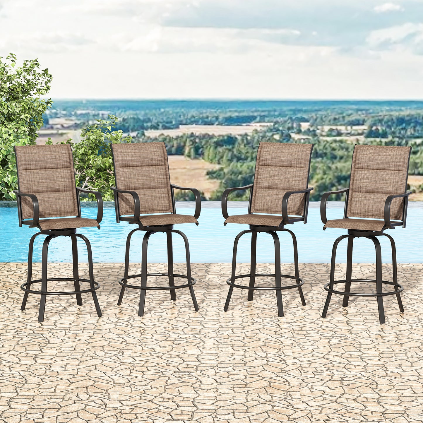 Swivel Patio Bar Stools Set of 2, Outdoor Bar Stools with Paded Textilene Fabric, All Weather Outdoor Bar Height Chairs, Ergonomic Comfort Tall Swivel Patio Chair for Balcony, Poolside