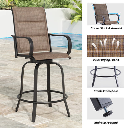 Swivel Patio Bar Stools Set of 2, Outdoor Bar Stools with Paded Textilene Fabric, All Weather Outdoor Bar Height Chairs, Ergonomic Comfort Tall Swivel Patio Chair for Balcony, Poolside