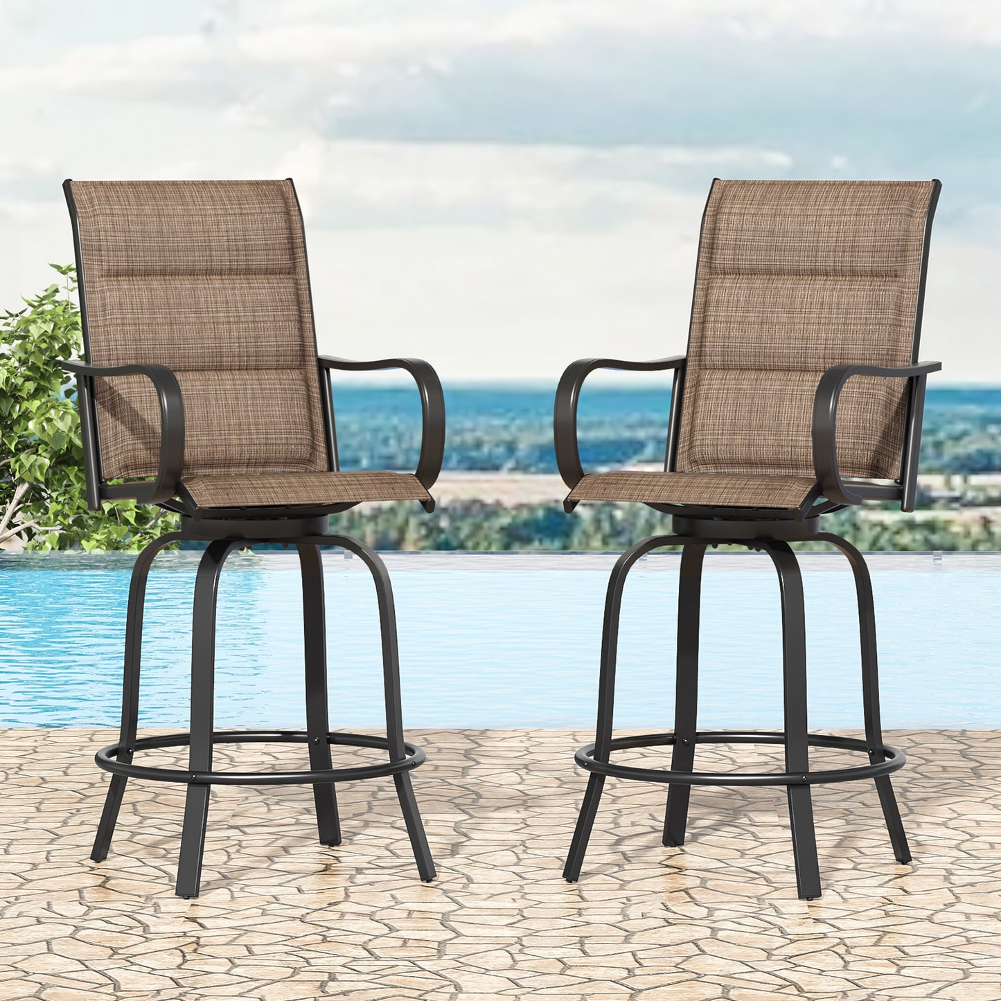 Swivel Patio Bar Stools Set of 2, Outdoor Bar Stools with Paded Textilene Fabric, All Weather Outdoor Bar Height Chairs, Ergonomic Comfort Tall Swivel Patio Chair for Balcony, Poolside