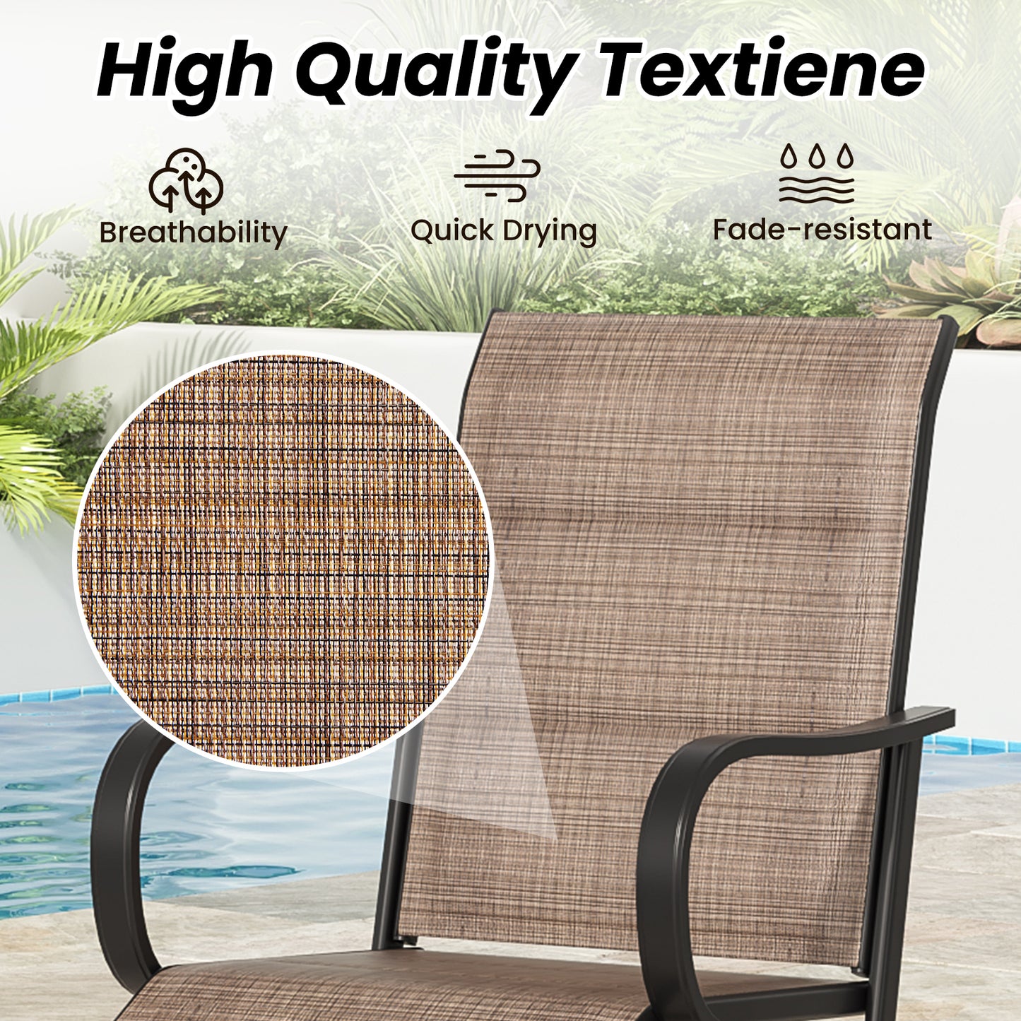 Swivel Patio Bar Stools Set of 2, Outdoor Bar Stools with Paded Textilene Fabric, All Weather Outdoor Bar Height Chairs, Ergonomic Comfort Tall Swivel Patio Chair for Balcony, Poolside