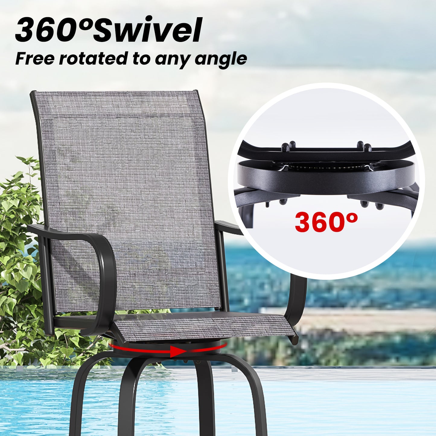 Patio Barstools Set of 2, Swivel Outdoor Patio Bar Stools with Textilene Fabric, Height Top Outdoor Chair 360° Swivel, All Weather Use, Ergonomic Comfort Bar Height Tall Stools for Outside