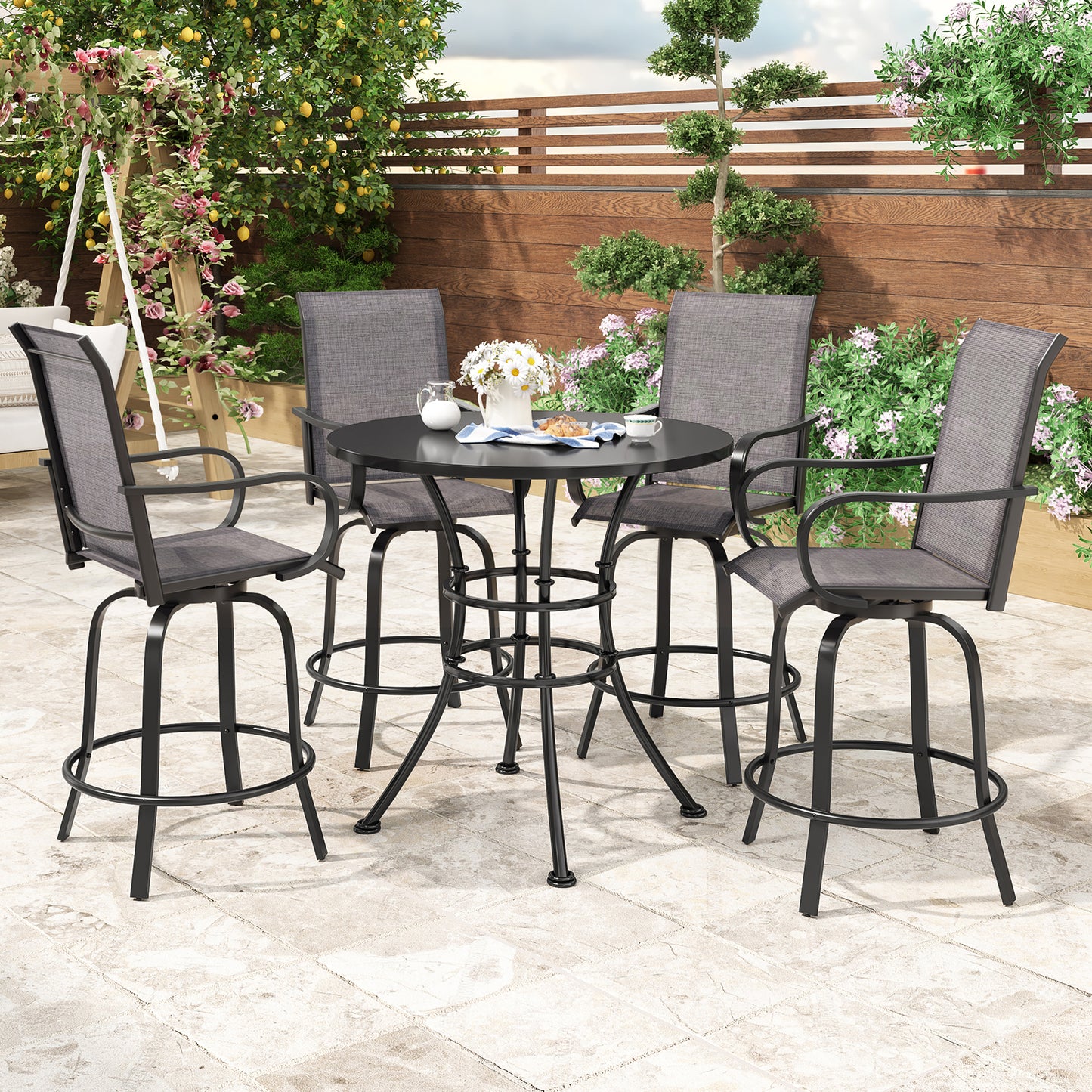 Patio Barstools Set of 2, Swivel Outdoor Patio Bar Stools with Textilene Fabric, Height Top Outdoor Chair 360° Swivel, All Weather Use, Ergonomic Comfort Bar Height Tall Stools for Outside