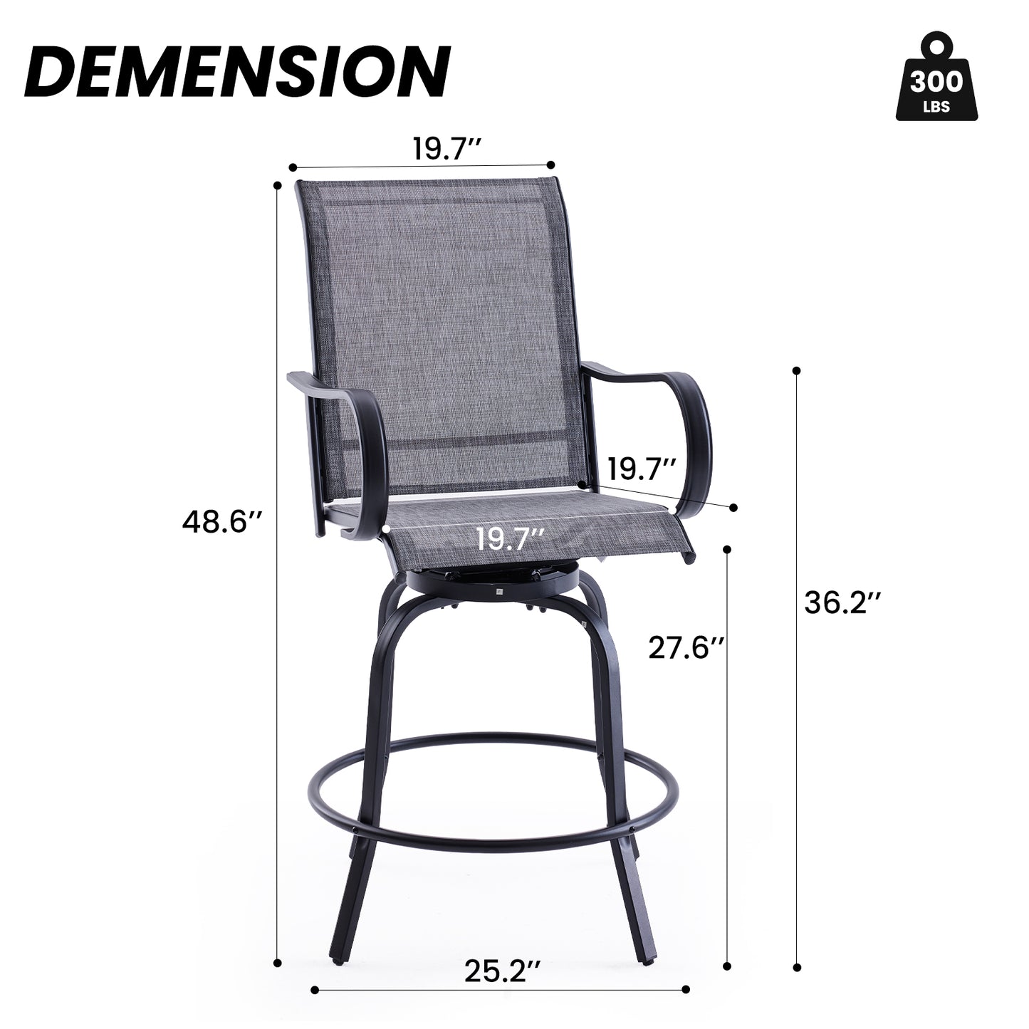 Patio Barstools Set of 2, Swivel Outdoor Patio Bar Stools with Textilene Fabric, Height Top Outdoor Chair 360° Swivel, All Weather Use, Ergonomic Comfort Bar Height Tall Stools for Outside