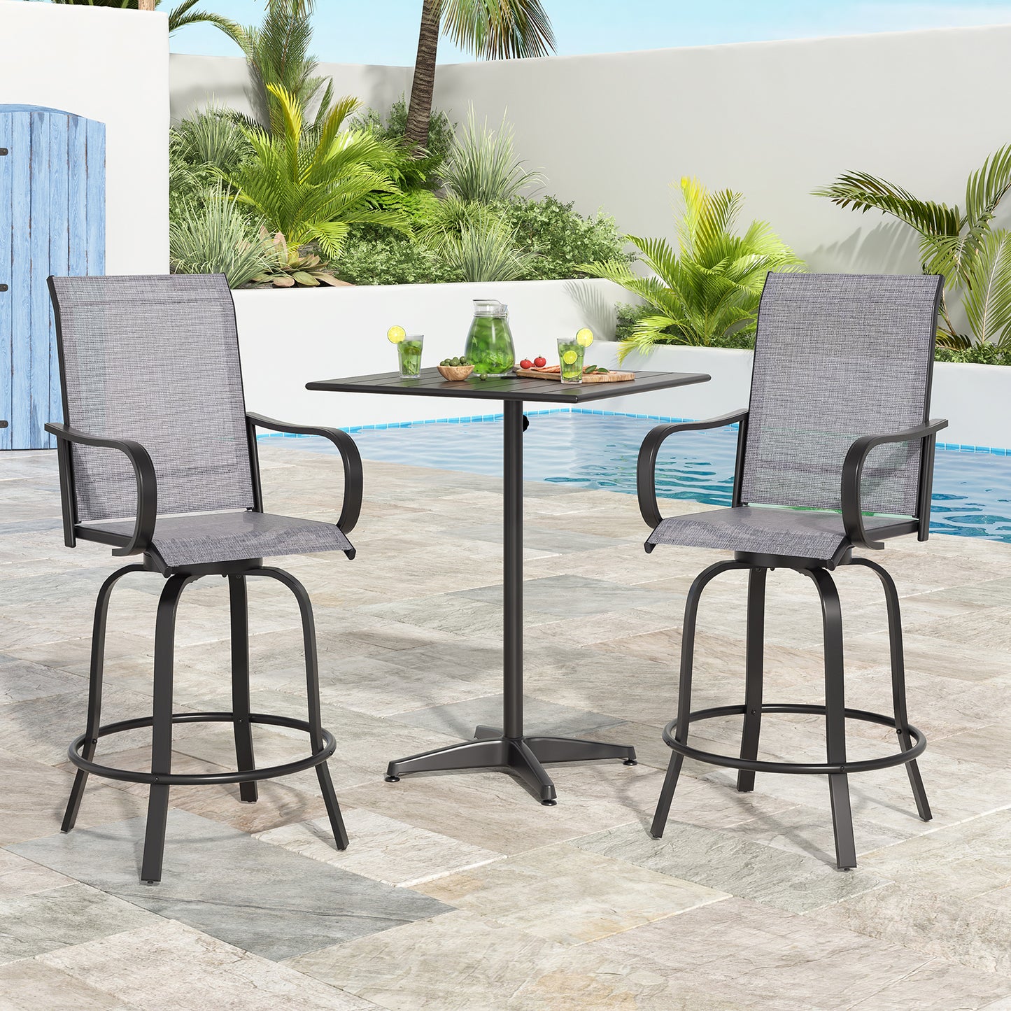 Patio Barstools Set of 2, Swivel Outdoor Patio Bar Stools with Textilene Fabric, Height Top Outdoor Chair 360° Swivel, All Weather Use, Ergonomic Comfort Bar Height Tall Stools for Outside