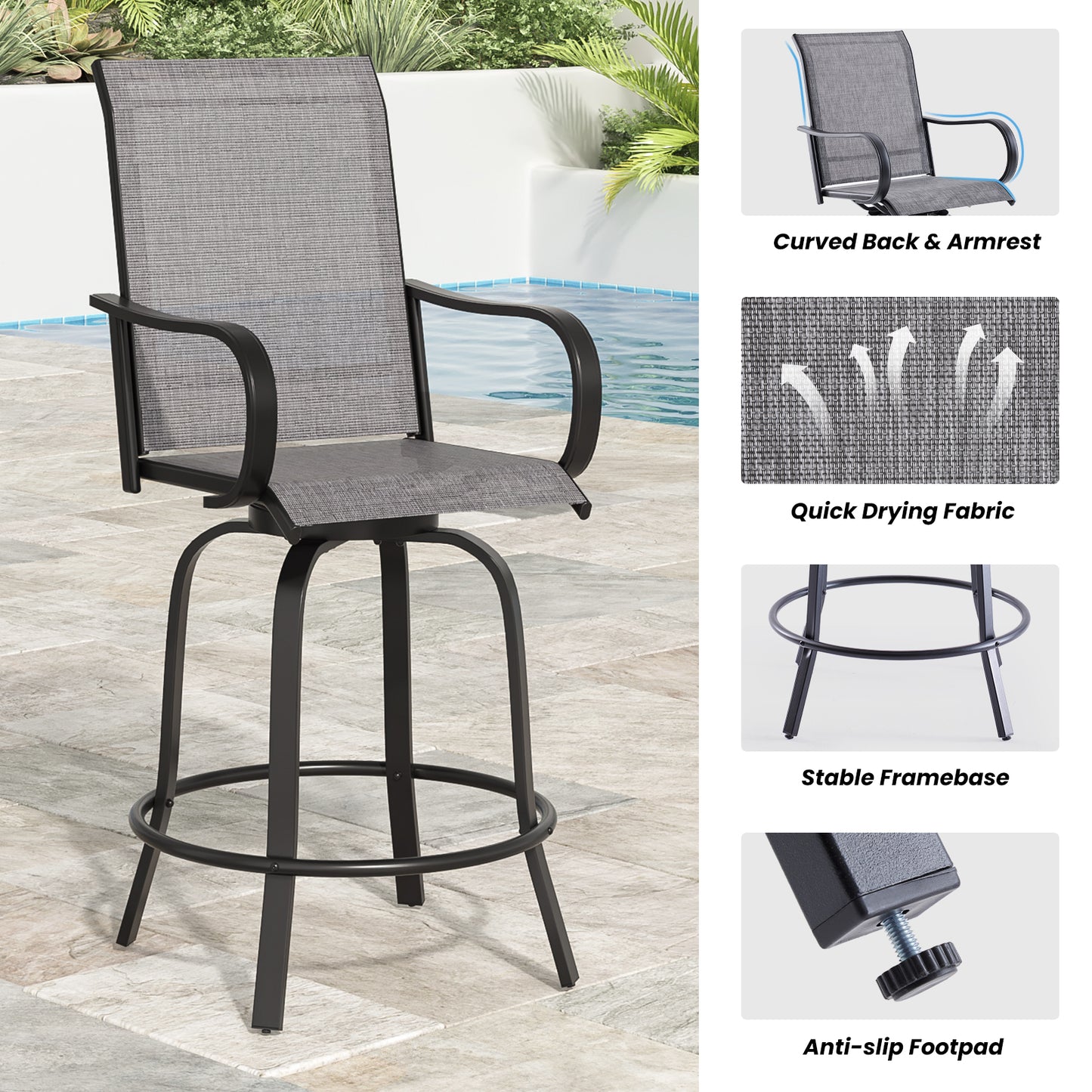 Patio Barstools Set of 2, Swivel Outdoor Patio Bar Stools with Textilene Fabric, Height Top Outdoor Chair 360° Swivel, All Weather Use, Ergonomic Comfort Bar Height Tall Stools for Outside