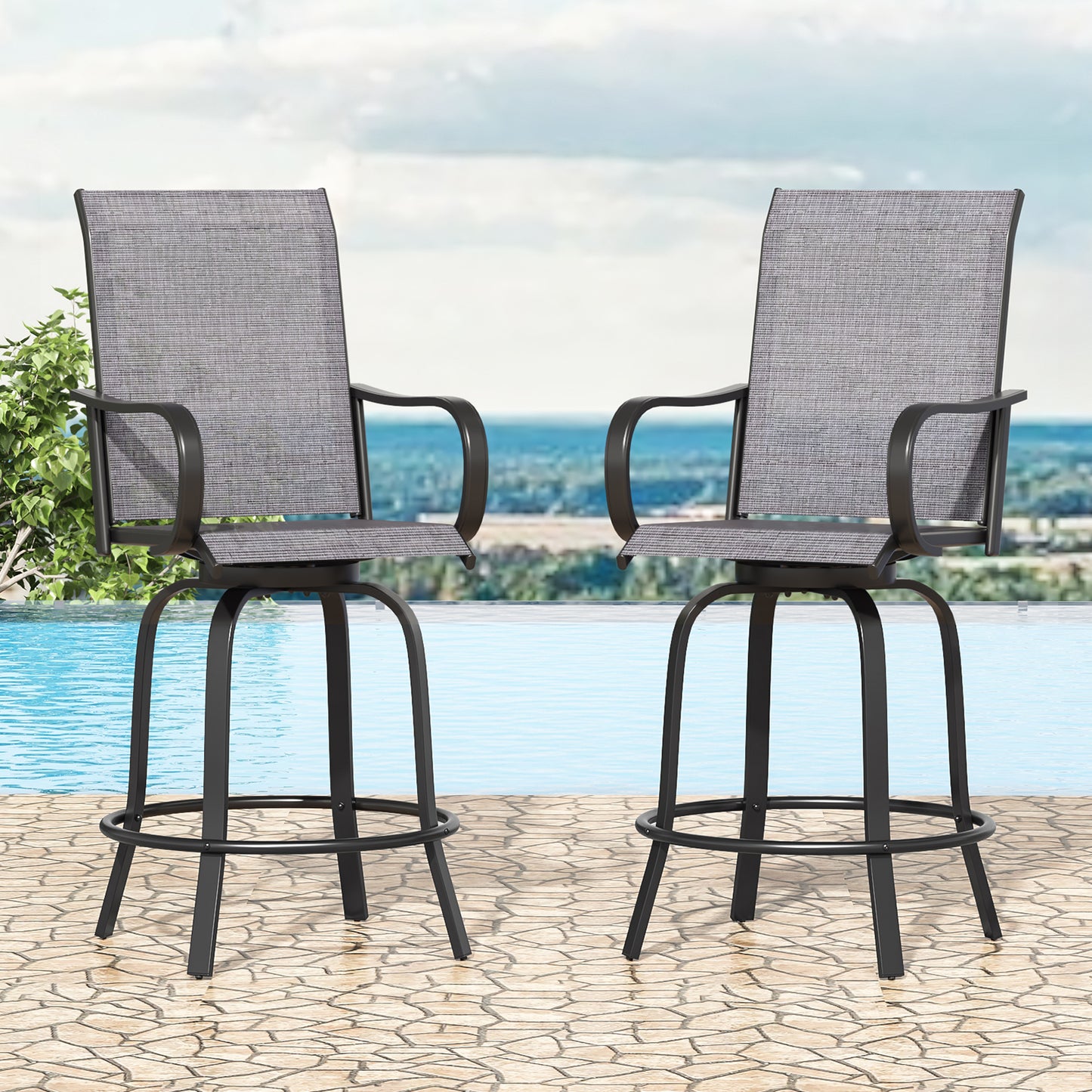 Patio Barstools Set of 2, Swivel Outdoor Patio Bar Stools with Textilene Fabric, Height Top Outdoor Chair 360° Swivel, All Weather Use, Ergonomic Comfort Bar Height Tall Stools for Outside