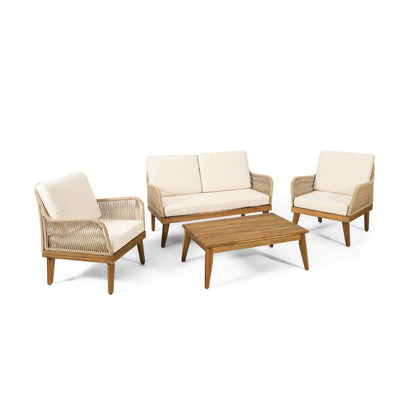 Outdoor 4-Piece Acacia Wood Chat Set with Rope, 1 loveseat and 2 club chairs Acacia Wood Conversation Sofa and 1 Table Set with Water Resistant Cushions, Teak Finished for Outdoor