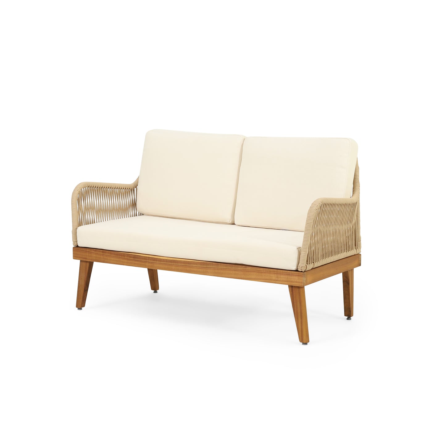 Outdoor 4-Piece Acacia Wood Chat Set with Rope, 1 loveseat and 2 club chairs Acacia Wood Conversation Sofa and 1 Table Set with Water Resistant Cushions, Teak Finished for Outdoor