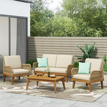 Outdoor 4-Piece Acacia Wood Chat Set with Rope, 1 loveseat and 2 club chairs Acacia Wood Conversation Sofa and 1 Table Set with Water Resistant Cushions, Teak Finished for Outdoor