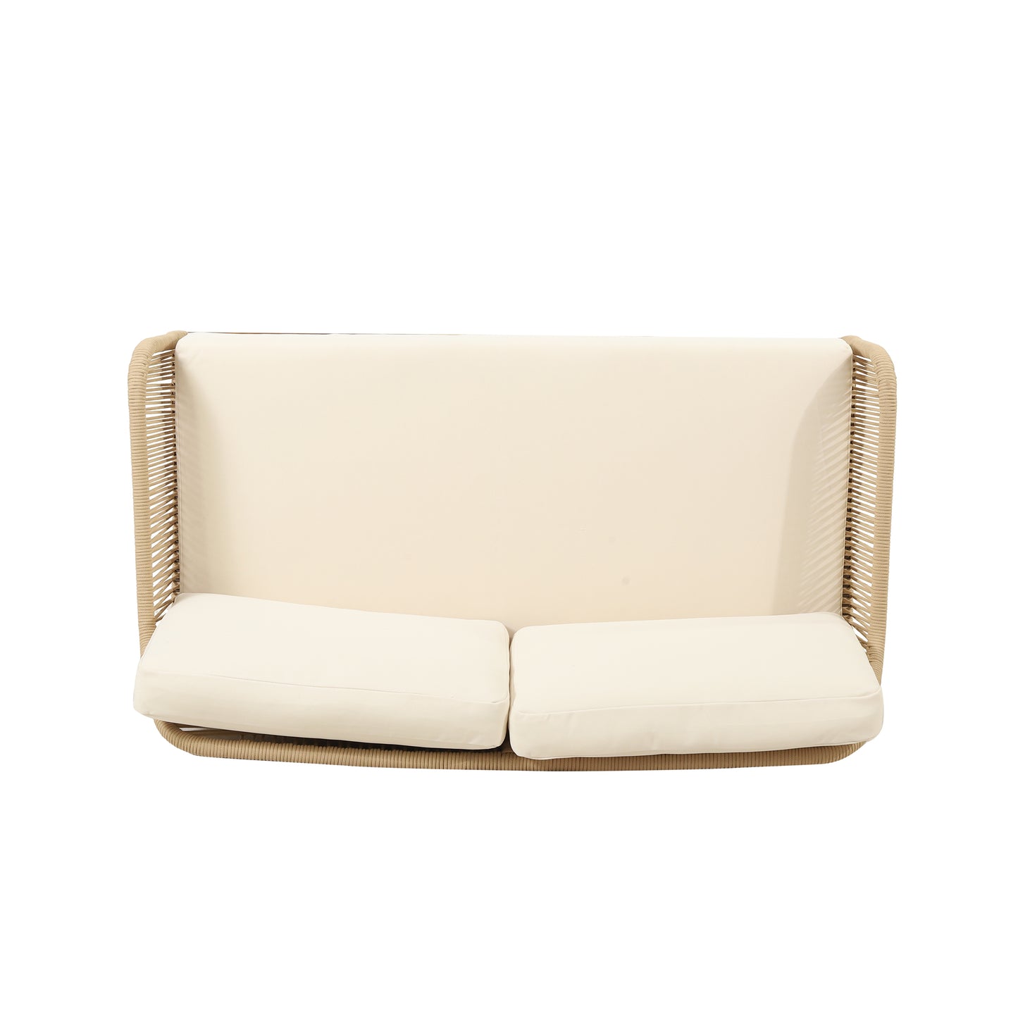 Outdoor 4-Piece Acacia Wood Chat Set with Rope, 1 loveseat and 2 club chairs Acacia Wood Conversation Sofa and 1 Table Set with Water Resistant Cushions, Teak Finished for Outdoor