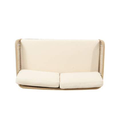 Outdoor 4-Piece Acacia Wood Chat Set with Rope, 1 loveseat and 2 club chairs Acacia Wood Conversation Sofa and 1 Table Set with Water Resistant Cushions, Teak Finished for Outdoor