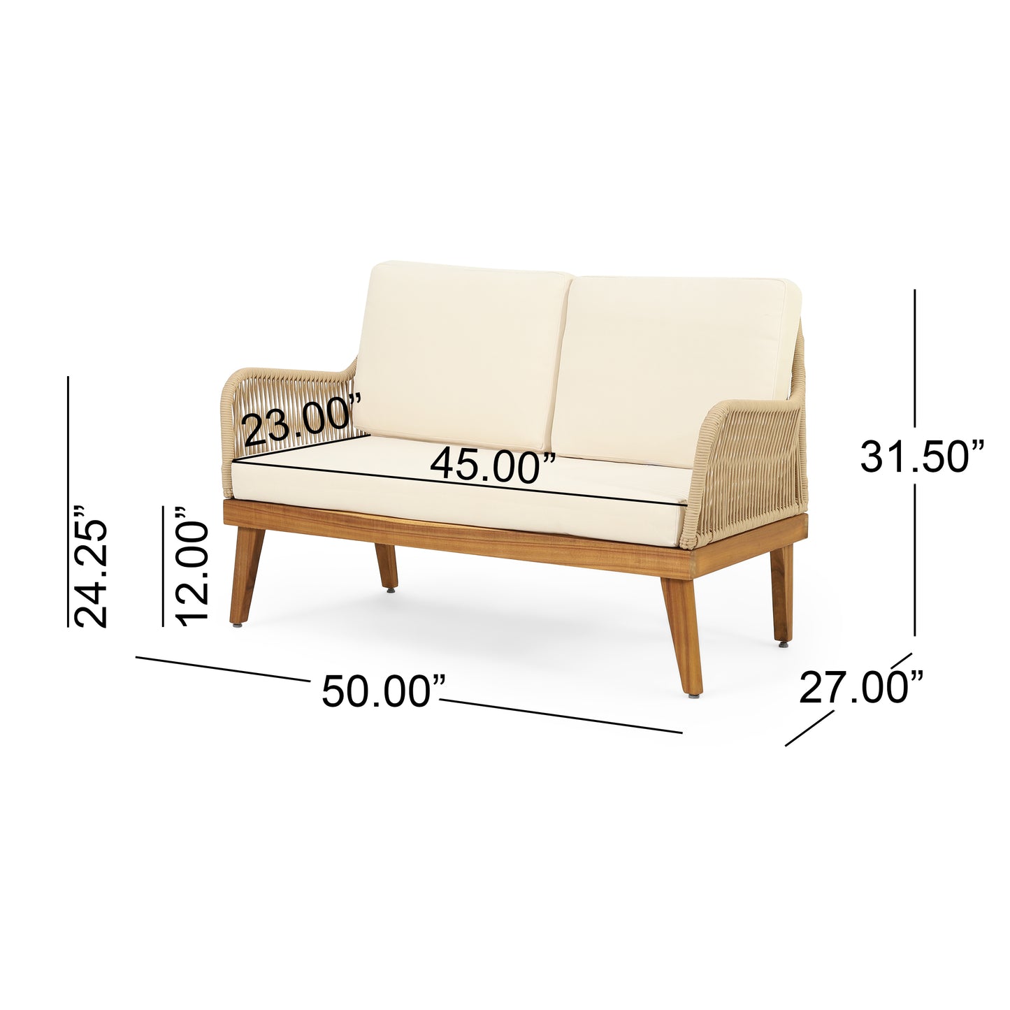 Outdoor 4-Piece Acacia Wood Chat Set with Rope, 1 loveseat and 2 club chairs Acacia Wood Conversation Sofa and 1 Table Set with Water Resistant Cushions, Teak Finished for Outdoor