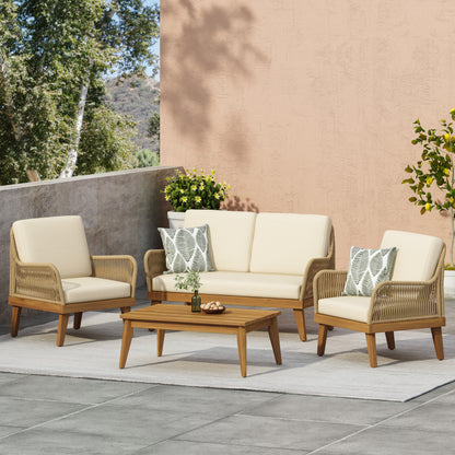 Outdoor 4-Piece Acacia Wood Chat Set with Rope, 1 loveseat and 2 club chairs Acacia Wood Conversation Sofa and 1 Table Set with Water Resistant Cushions, Teak Finished for Outdoor