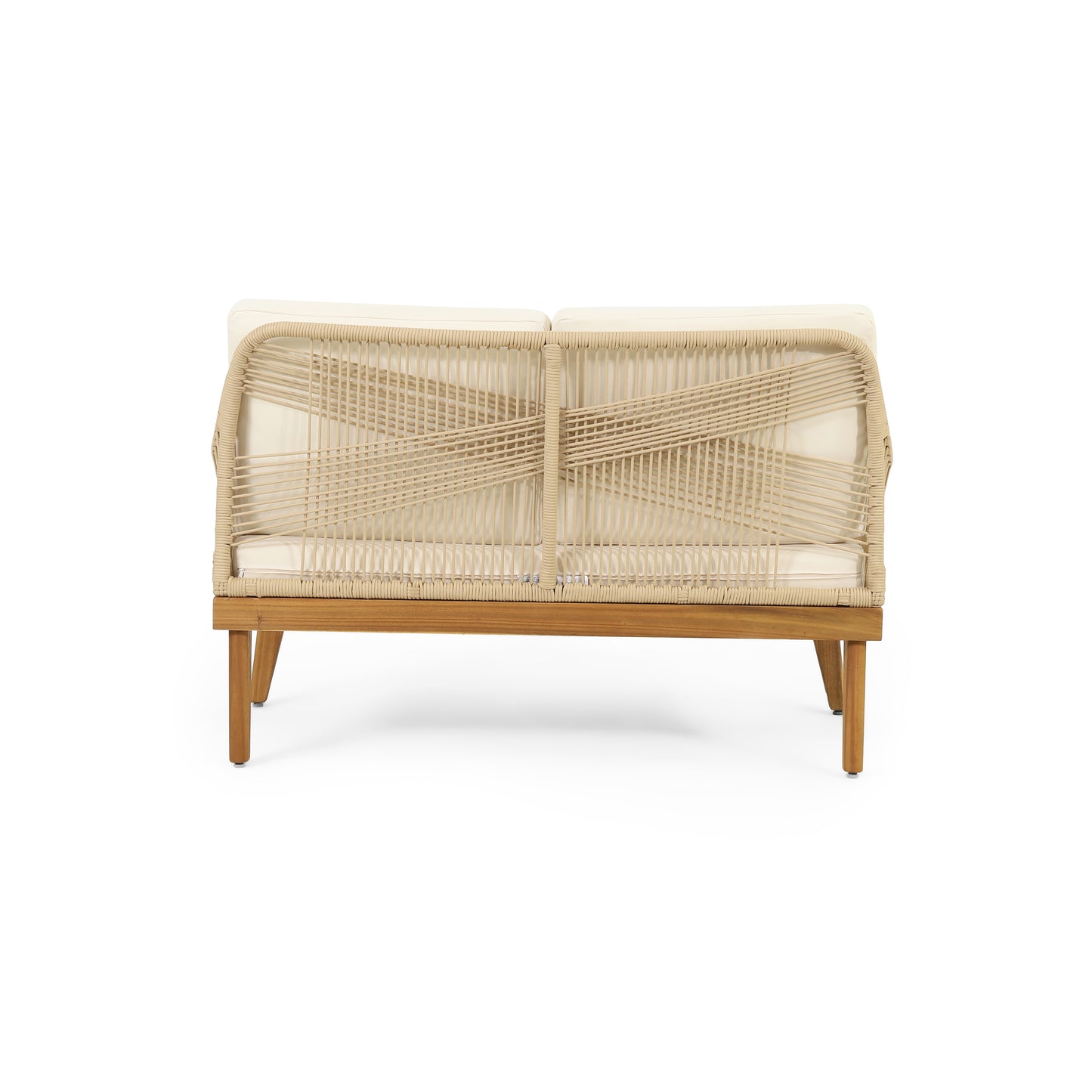 Outdoor 4-Piece Acacia Wood Chat Set with Rope, 1 loveseat and 2 club chairs Acacia Wood Conversation Sofa and 1 Table Set with Water Resistant Cushions, Teak Finished for Outdoor