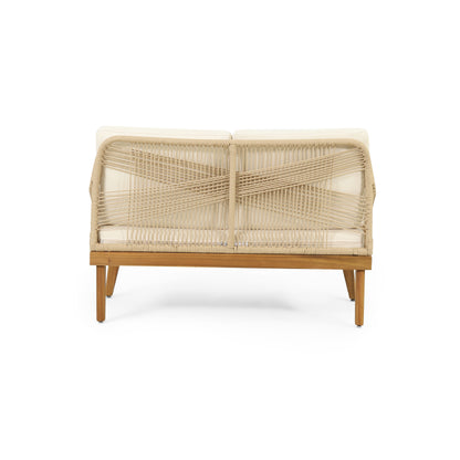 Outdoor 4-Piece Acacia Wood Chat Set with Rope, 1 loveseat and 2 club chairs Acacia Wood Conversation Sofa and 1 Table Set with Water Resistant Cushions, Teak Finished for Outdoor