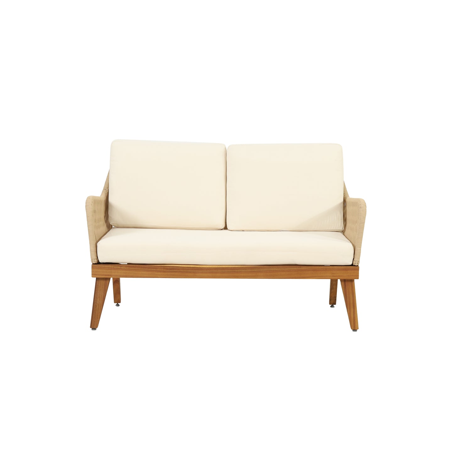 Outdoor 4-Piece Acacia Wood Chat Set with Rope, 1 loveseat and 2 club chairs Acacia Wood Conversation Sofa and 1 Table Set with Water Resistant Cushions, Teak Finished for Outdoor