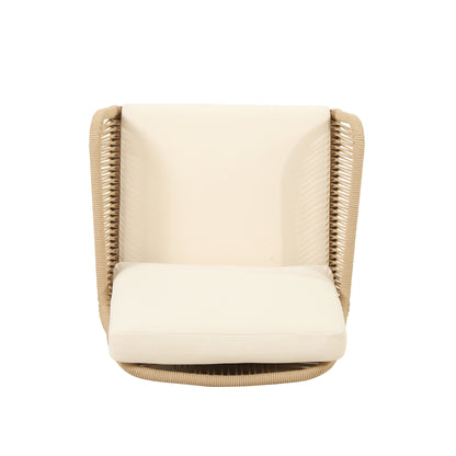 Outdoor 4-Piece Acacia Wood Chat Set with Rope, 1 loveseat and 2 club chairs Acacia Wood Conversation Sofa and 1 Table Set with Water Resistant Cushions, Teak Finished for Outdoor