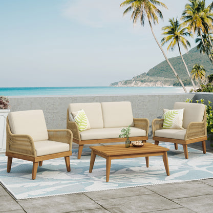 Outdoor 4-Piece Acacia Wood Chat Set with Rope, 1 loveseat and 2 club chairs Acacia Wood Conversation Sofa and 1 Table Set with Water Resistant Cushions, Teak Finished for Outdoor