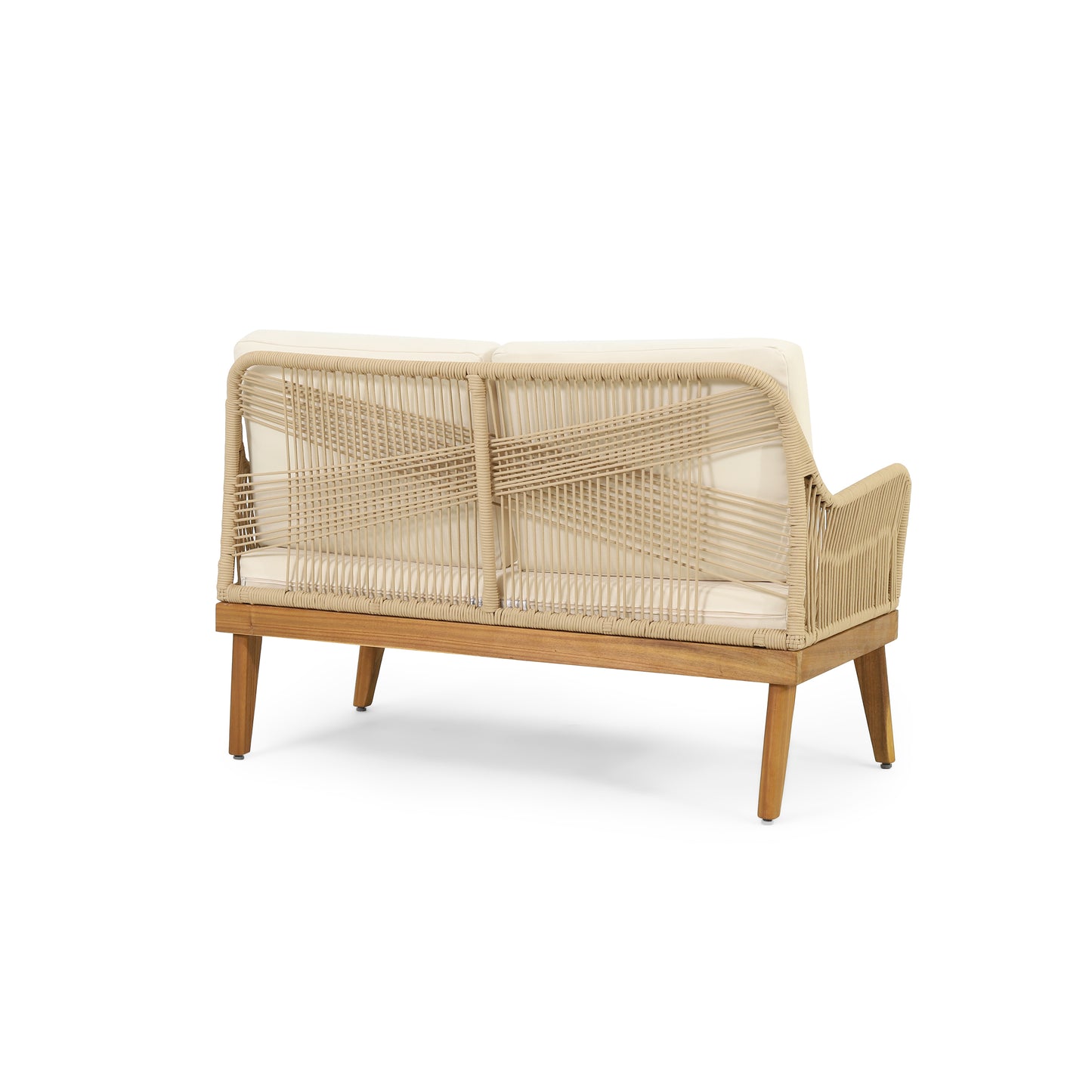 Outdoor 4-Piece Acacia Wood Chat Set with Rope, 1 loveseat and 2 club chairs Acacia Wood Conversation Sofa and 1 Table Set with Water Resistant Cushions, Teak Finished for Outdoor