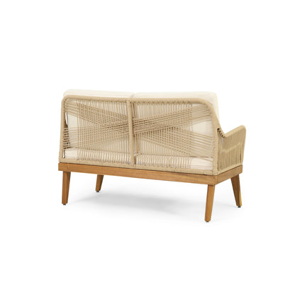 Outdoor 4-Piece Acacia Wood Chat Set with Rope, 1 loveseat and 2 club chairs Acacia Wood Conversation Sofa and 1 Table Set with Water Resistant Cushions, Teak Finished for Outdoor