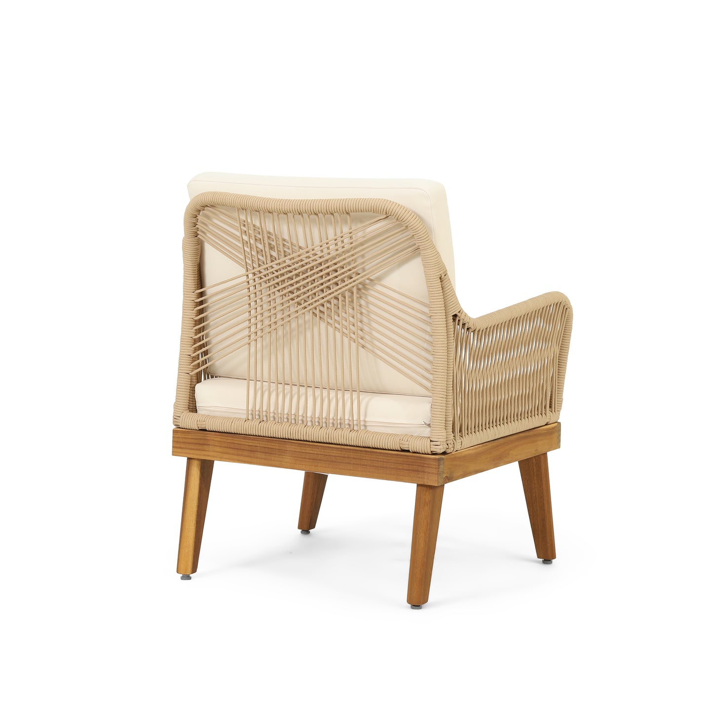 Outdoor 4-Piece Acacia Wood Chat Set with Rope, 1 loveseat and 2 club chairs Acacia Wood Conversation Sofa and 1 Table Set with Water Resistant Cushions, Teak Finished for Outdoor