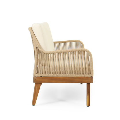 Outdoor 4-Piece Acacia Wood Chat Set with Rope, 1 loveseat and 2 club chairs Acacia Wood Conversation Sofa and 1 Table Set with Water Resistant Cushions, Teak Finished for Outdoor