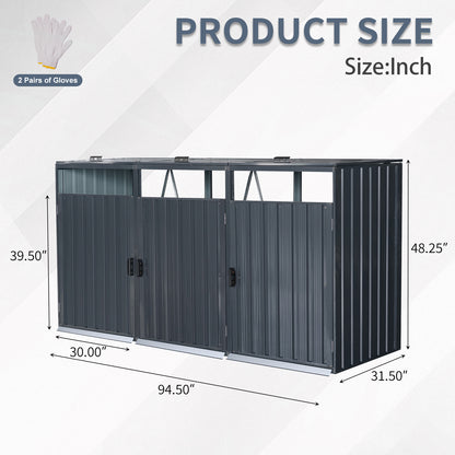 Garbage Bin Shed Stores 3 Trash Cans Metal Outdoor Bin Shed for Garbage Storage,Stainless Galvanized Steel, Bin Shed for Garden Yard Lawn W540S00009