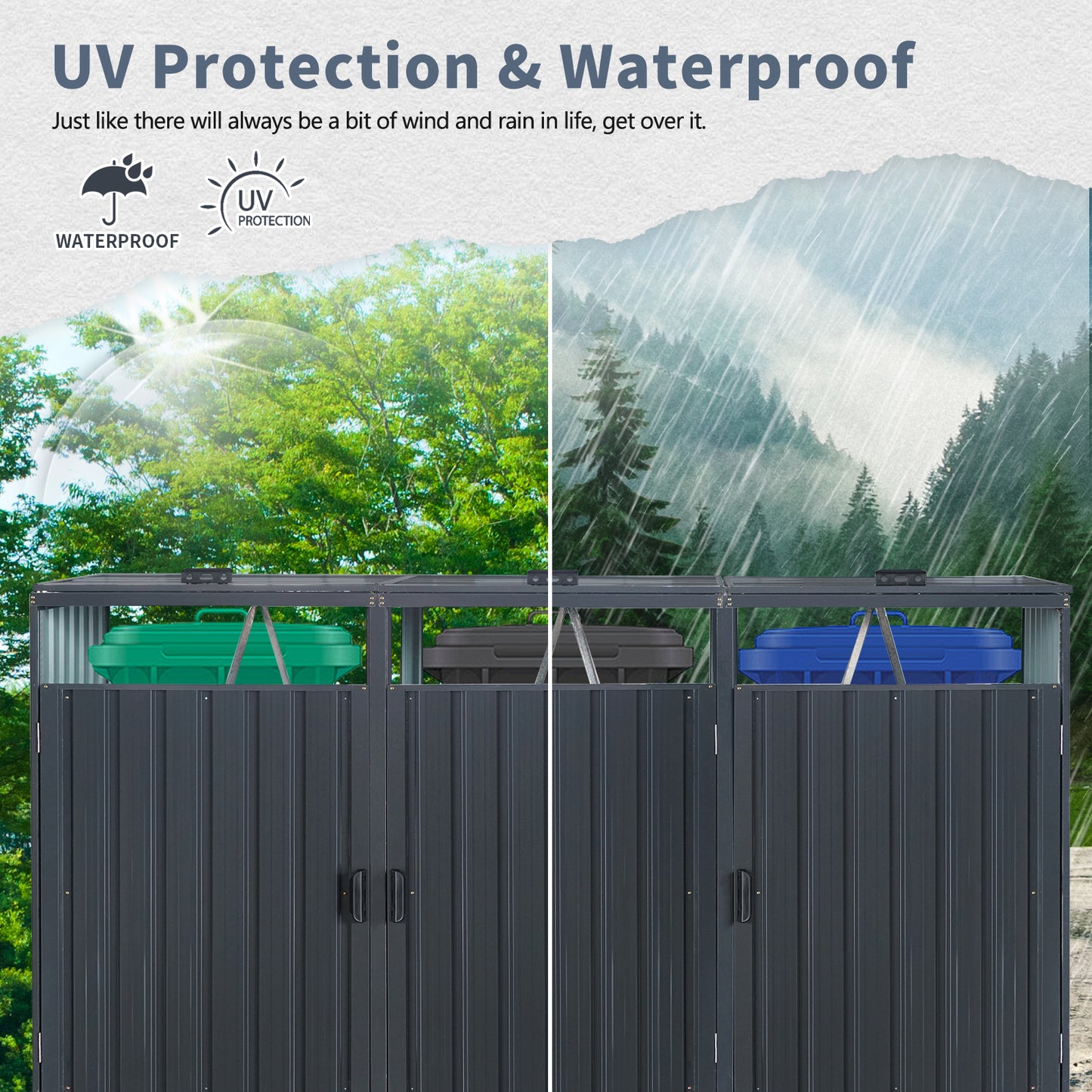 Garbage Bin Shed Stores 3 Trash Cans Metal Outdoor Bin Shed for Garbage Storage,Stainless Galvanized Steel, Bin Shed for Garden Yard Lawn W540S00009