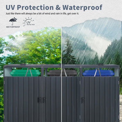 Garbage Bin Shed Stores 3 Trash Cans Metal Outdoor Bin Shed for Garbage Storage,Stainless Galvanized Steel, Bin Shed for Garden Yard Lawn W540S00009