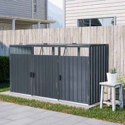 Garbage Bin Shed Stores 3 Trash Cans Metal Outdoor Bin Shed for Garbage Storage,Stainless Galvanized Steel, Bin Shed for Garden Yard Lawn W540S00009