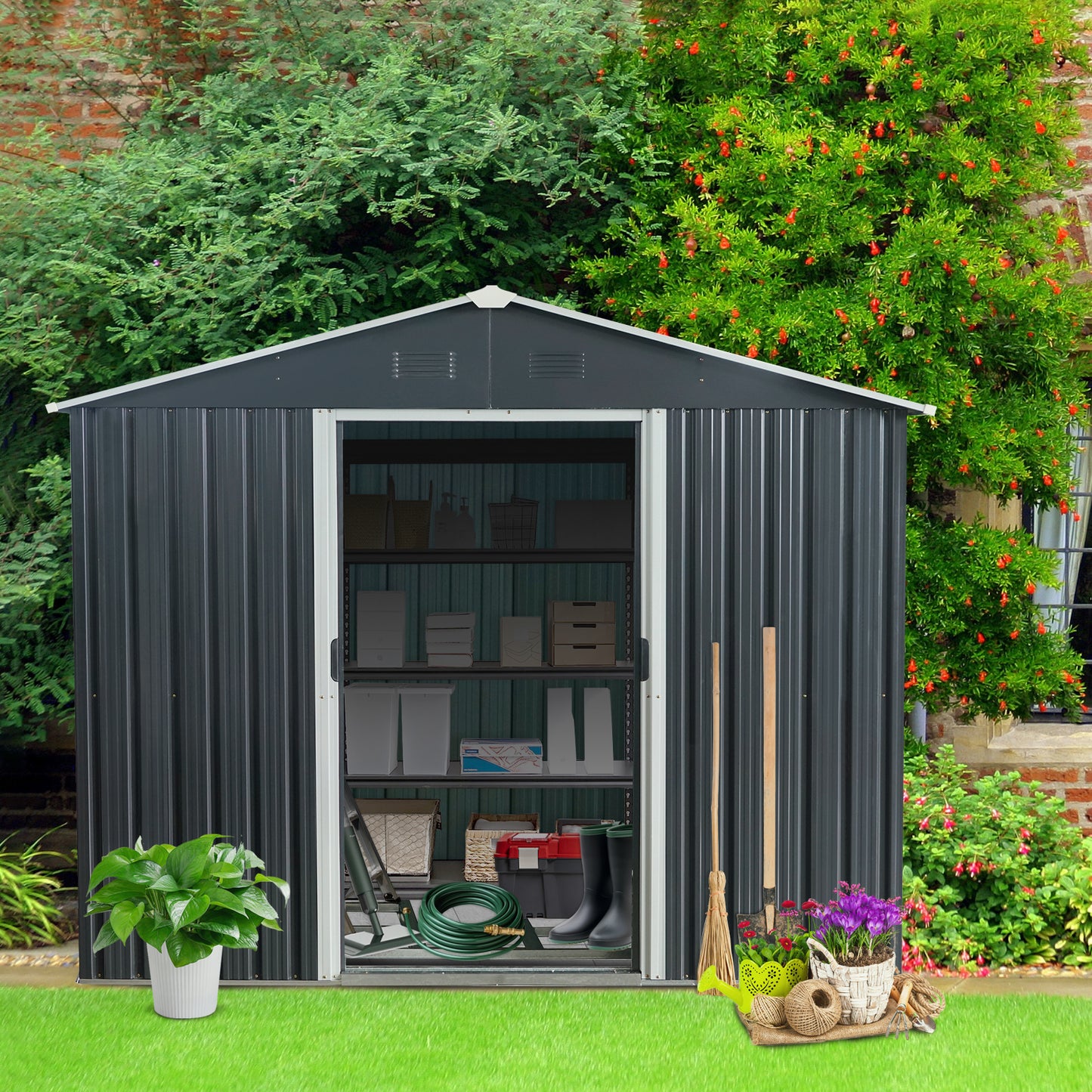 8ft x 10ft Outdoor Metal Storage Shed with meatl foundation,Black