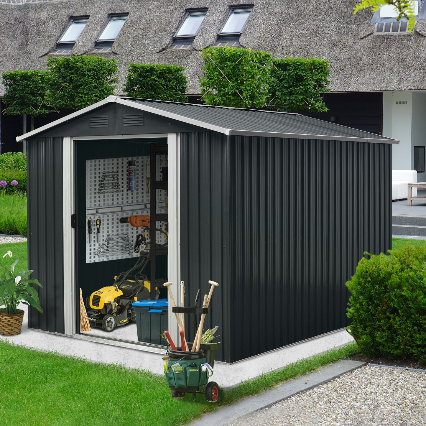8ft x 10ft Outdoor Metal Storage Shed with meatl foundation,Black