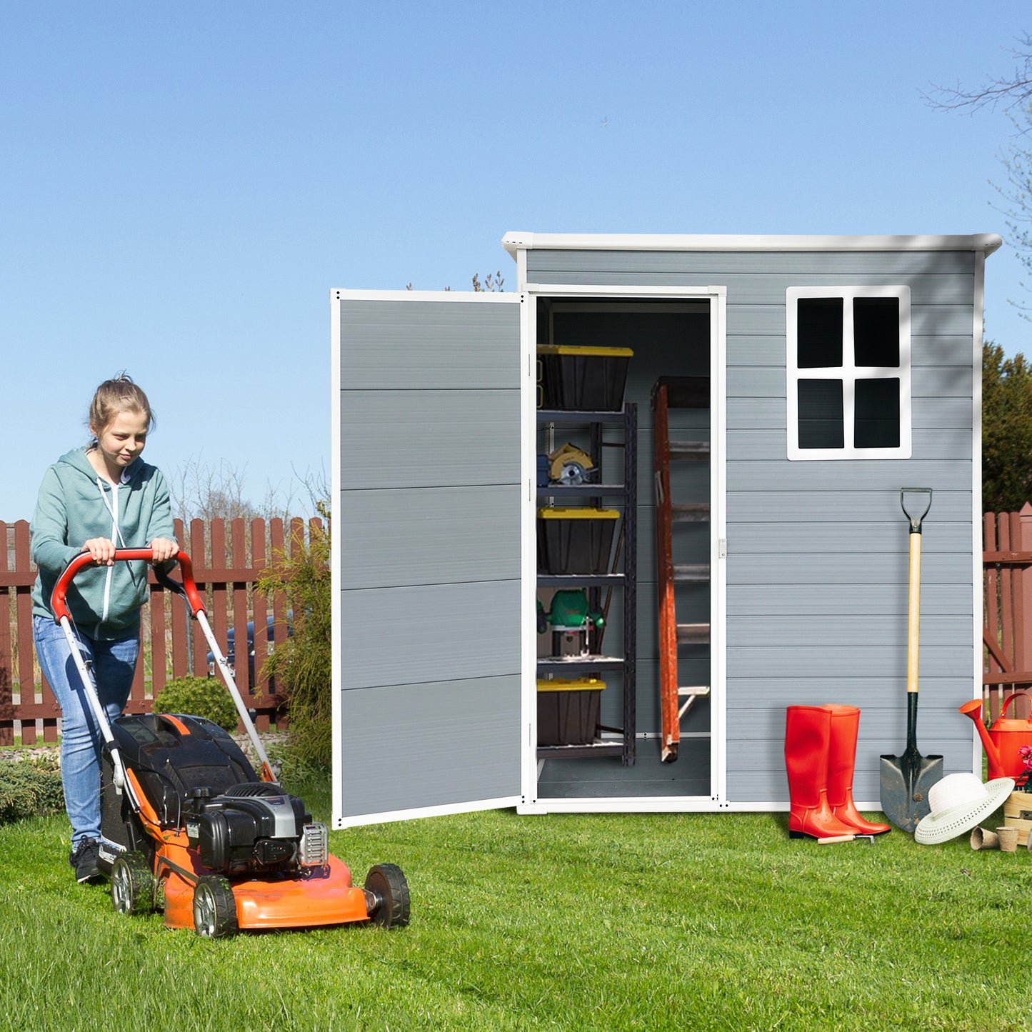 5ft x 3ft Resin Outdoor Storage Shed Plastic Garden Sheds with Floor and Lockable Door for Backyard, Lawn, Grey