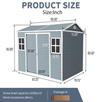 8 x 6 ft Resin Outdoor Storage Shed Waterproof Shed with Floor & Two Windows & Lockable Door, Tool Shed for Garden, Patio, Backyard,Gray
