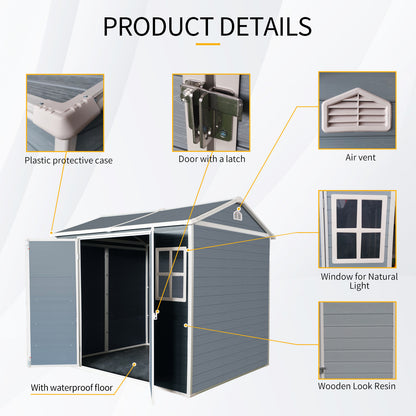 8 x 6 ft Resin Outdoor Storage Shed Waterproof Shed with Floor & Two Windows & Lockable Door, Tool Shed for Garden, Patio, Backyard,Gray