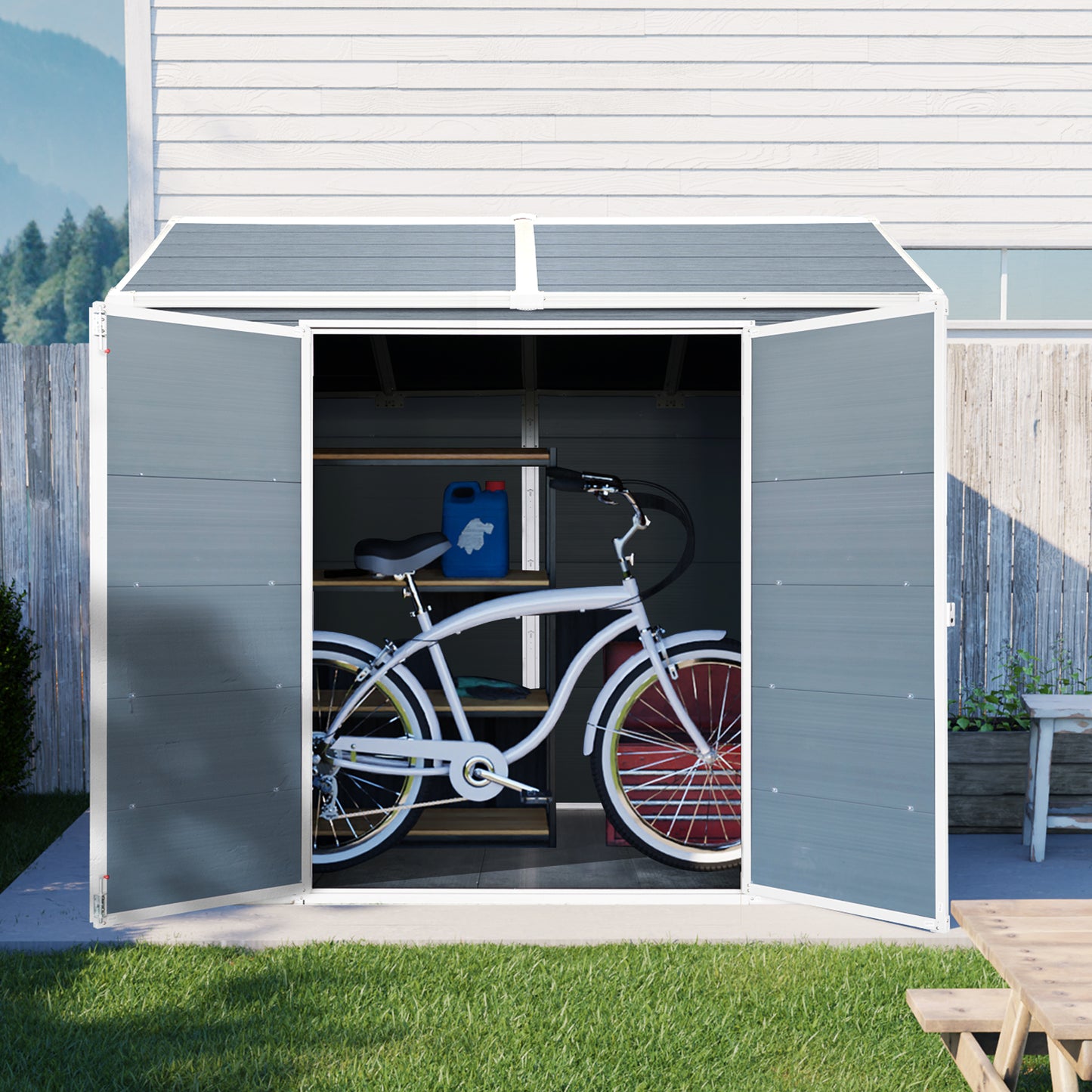 8 x 6 ft Resin Outdoor Storage Shed Waterproof Shed with Floor & Two Windows & Lockable Door, Tool Shed for Garden, Patio, Backyard,Gray