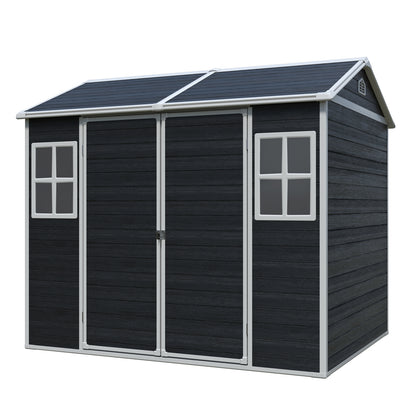 8 x 6ft Resin Outdoor Storage Shed Waterproof Shed with Floor & Two Windows & Lockable Door, Tool Shed for Garden, Patio, Backyard ,Black