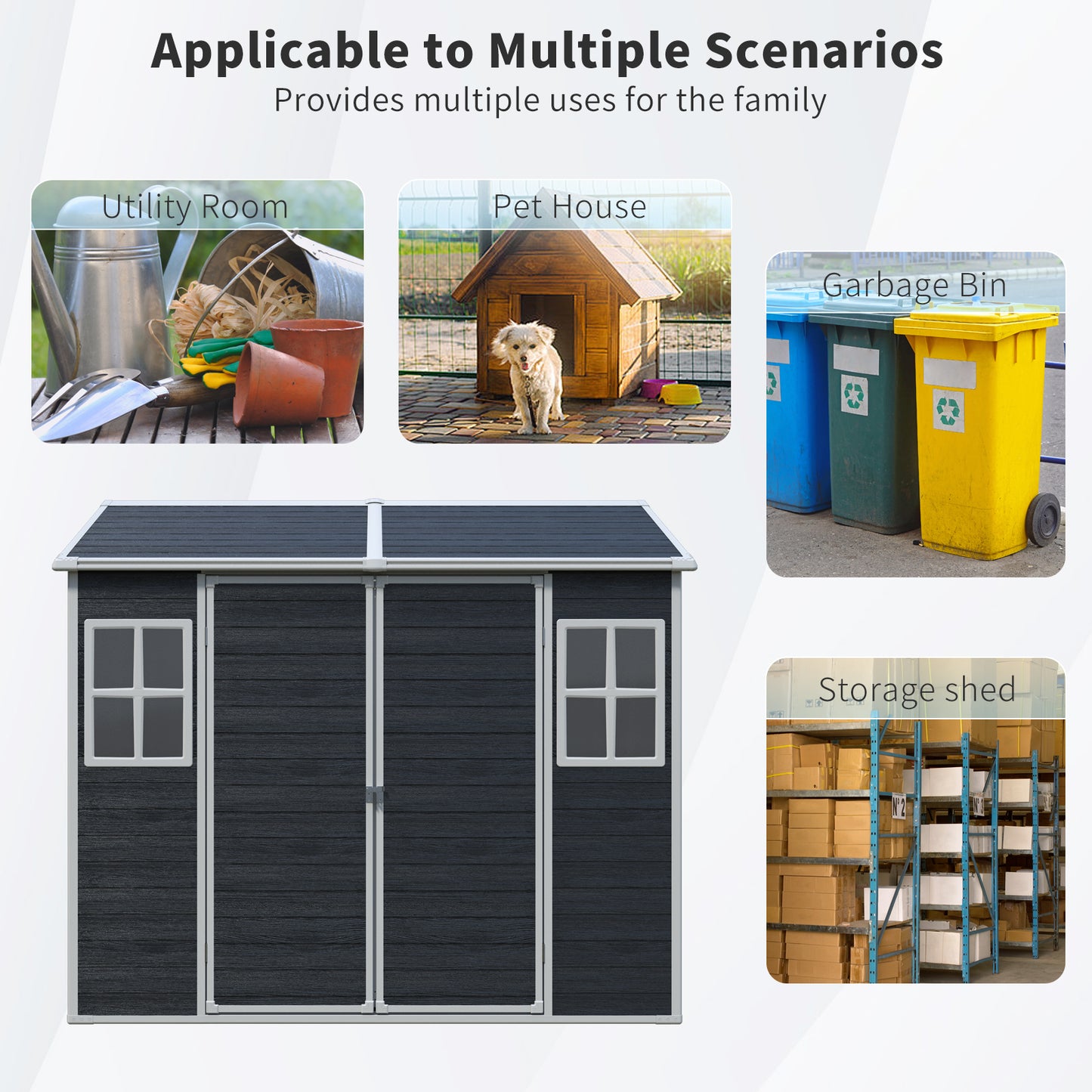 8 x 6ft Resin Outdoor Storage Shed Waterproof Shed with Floor & Two Windows & Lockable Door, Tool Shed for Garden, Patio, Backyard ,Black